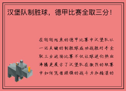 汉堡队制胜球，德甲比赛全取三分！