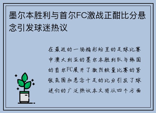 墨尔本胜利与首尔FC激战正酣比分悬念引发球迷热议