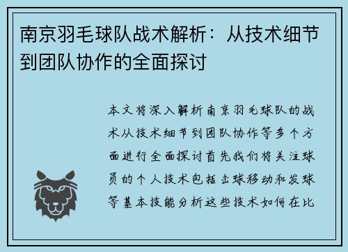 南京羽毛球队战术解析：从技术细节到团队协作的全面探讨